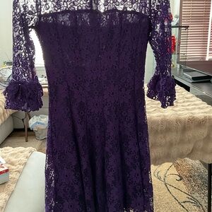 Gabby Skye Purple Ruffled Off-the-Shoulder Midi Dress